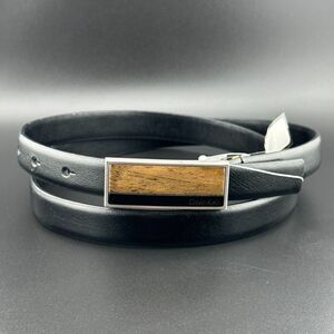 Calvin Klein Synthetic Leather Skinny Dress Belt Wood Inlay Buckle Black Medium
